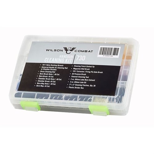 Wilson Combat Handgun Cleaning Kit offers essential tools for 9mm/.40/.45, including brushes, lube, and a storage case, ensuring reliable cleaning without damage.