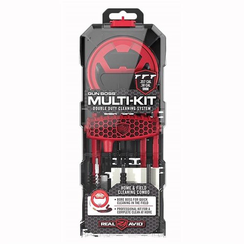 GUN BOSS MULTI-KIT offers a quick clean with Bore Boss and a complete cleaning solution for bore, action, and chamber, perfect for 357/38 caliber and 9MM handguns.