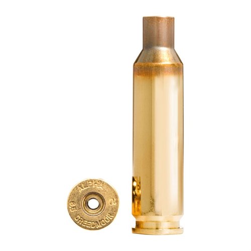 Alpha 6.5mm Creedmoor brass features OCD optimized case head technology for enhanced durability, available in Large or Small Rifle primer pockets, 100 per box.