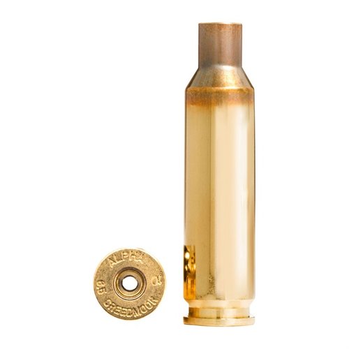 Alpha 6.5mm Creedmoor brass features OCD optimized case head technology, enhancing primer pocket and case life, available in 100 count for reliable performance.