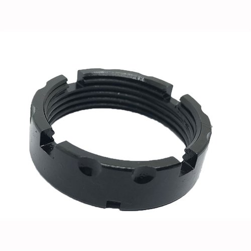 AR-15 Billet Castle Nut features improved staking notches for secure installation, crafted from durable 4140 PH steel, and available in multiple colors.