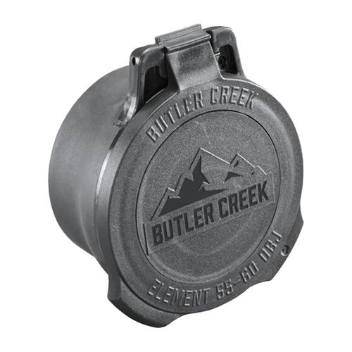 Butler Creek Element Scope Caps feature a rugged design with a multi-flex sleeve and an objective flip-out dope disk for wind and elevation info.