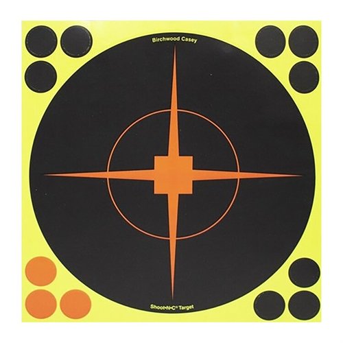 SHOOT-N-C® 12" Bullseye Target makes hits visible with fluorescent halos, features peel-n-stick backing, and includes various target sizes for versatile shooting.