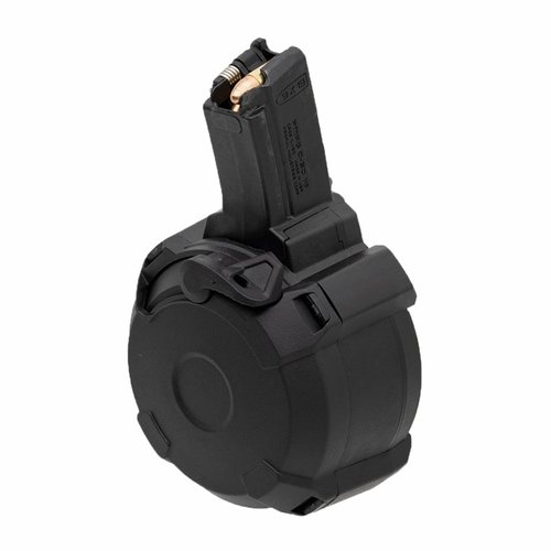 Magpul's D-50 MP drum magazine offers 50-round capacity, durable polymer construction, easy cleaning, and compatibility with all HK94 and MP5-style firearms.