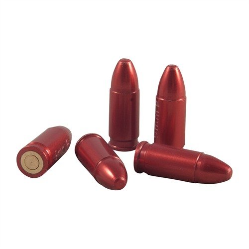 SNAP CAPS 9MM LUGER by CARLSONS allow dry fire practice without damaging your firearm, featuring an aluminum body and spring-loaded brass 'primer' for safety.