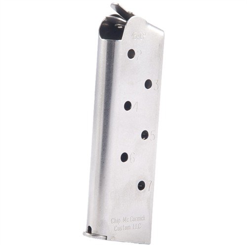 Získejte extra kapacitu a spolehlivé krmení s 1911 Officer 7rd .45 ACP magazíny od Chip McCormick, navrženy pro maximální výkon a přesnost.