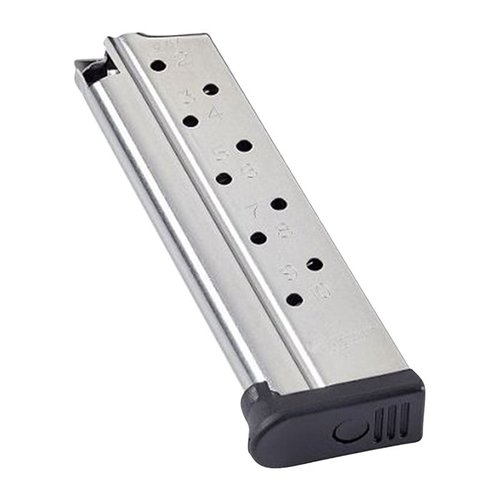 CMC Range Pro magazine for 1911 9mm offers 10-round capacity, durable stainless steel construction, anti-tilt follower, and easy maintenance for reliable performance.