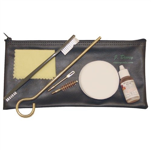 Dewey's MIL/LE Pistol Cleaning Kit offers essential tools for .40 caliber pistols, including a brass rod, bore brush, and Shooter's Choice cleaner, all in a compact pouch.