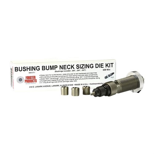 Forster Bushing Bump Neck Die Kit for 6mm Creedmoor offers precise neck tension control with a hand-polished die and three finely machined bushings for optimal performance.