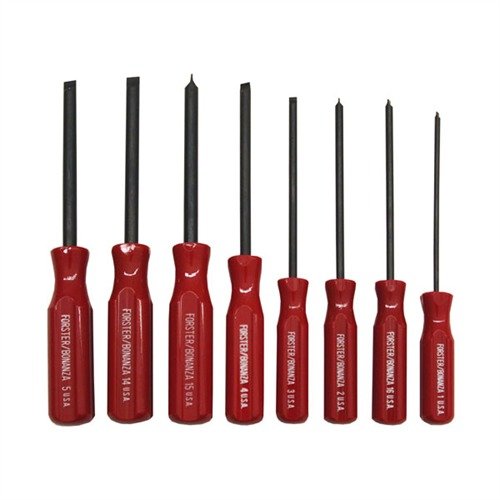 Forster Gunsmith Screwdrivers feature hardened steel blades, parallel ground tips for precise fit, and ergonomic handles for comfort, ensuring reliable firearm maintenance.
