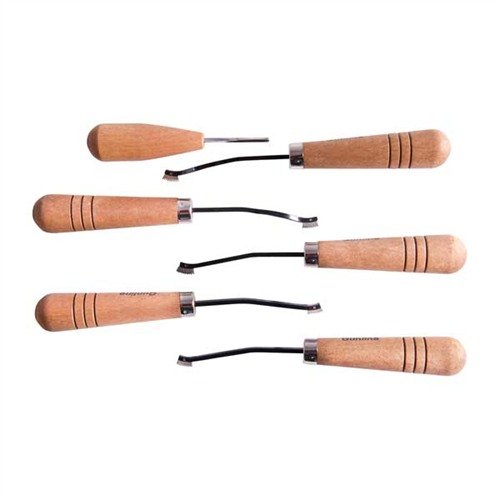 CAMP PERRY CHECKERING SET offers smooth cutting with spring-pinned heads, enabling precise checkering in various patterns for all woods, ensuring lasting results.