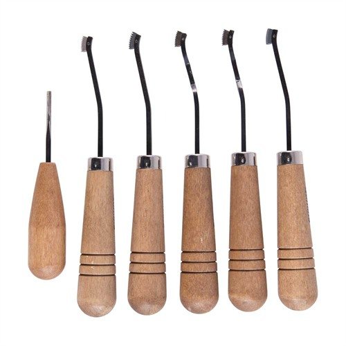 CAMP PERRY CHECKERING SET offers smooth cutting, spring-pinned heads, and all necessary tools for any checkering job, ensuring precision in all wood types.