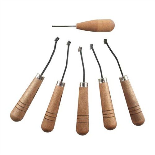 CAMP PERRY CHECKERING SET offers smooth cutting with spring-pinned heads, ideal for all woods, featuring essential tools for any checkering job.