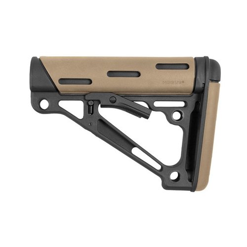 Hogue's OverMolded collapsible buttstock offers reinforced polymer, rubber cheek rest, anti-rattle fit, and multiple sling mounting options for Mil-Spec buffer tubes.