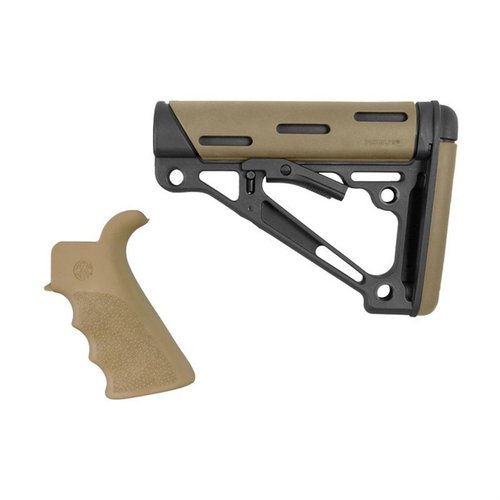 Hogue's AR-15 kit features a comfortable finger grooved grip and a collapsible buttstock with anti-rattle fit, rubber cheek rest, and multiple mounting options.