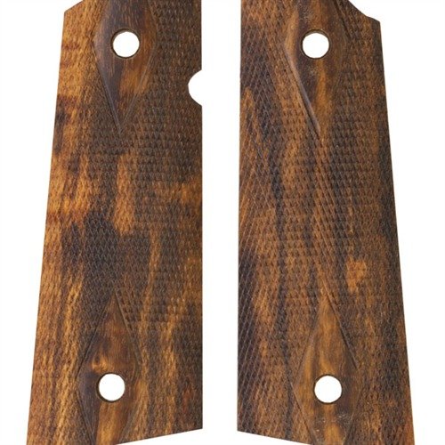 Hogue 1911 Square Bottom Grips offer extra length for a flush fit with add-on mag wells, enhanced comfort, and a secure grip with 18 lpi checkering.