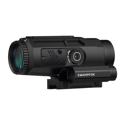 Saber 5x prism scope offers a 10° field of view, fast eye box, ambidextrous mounts, red/green illumination, and durable design for superior performance.