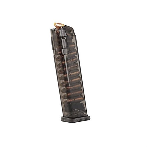 Tento 22-ranný zásobník pro Glock 17, 18, 19, 26, 34 je competition legal, odolný, snadno se rozebírá a umožňuje kontrolu počtu nábojů díky průhlednému tělu.