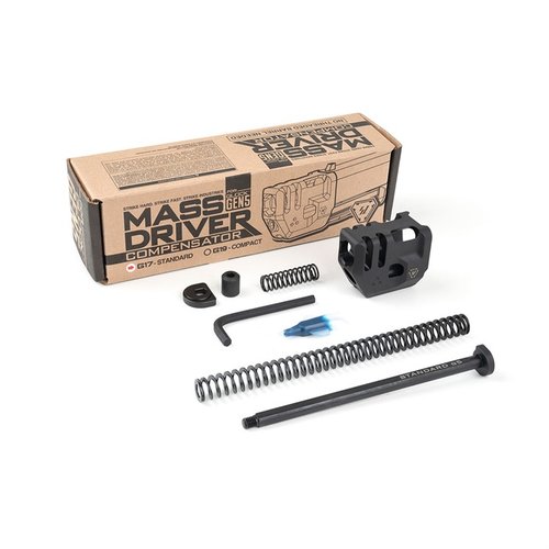 MASS DRIVER COMP for GLOCK 17 enhances recoil control without permanent modifications, fits standard holsters, and features a widened bore to reduce baffle strikes.