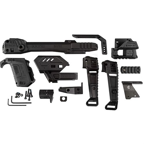 S-PRO STABILIZER FULL KIT offers a modular design, spring-loaded stabilizer/buttstock, MLOK compatibility, and easy installation for 9mm Hellcat models.