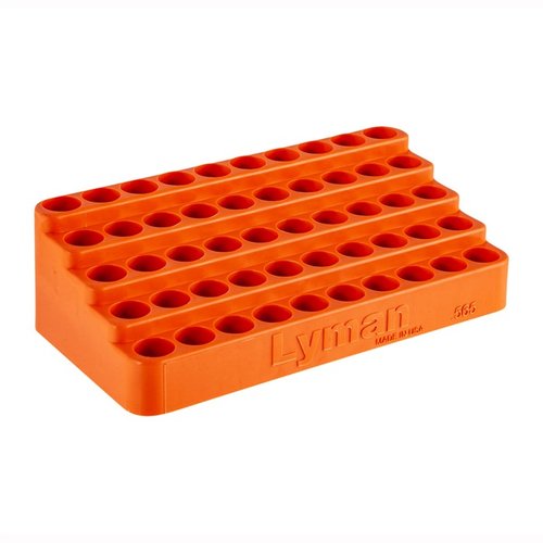 Lyman Bleacher Loading Blocks hold 50 .308 Win. cases, featuring an incline design for easy retrieval, made from durable polymer for efficient reloading.