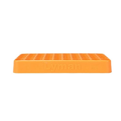 Lyman Custom-Fit Loading Block holds 50 rounds, made from durable polymer, available in sizes from .338 to .615 caliber for versatile reloading needs.