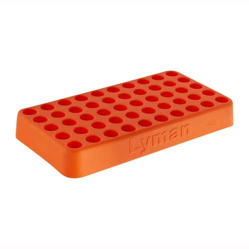 Lyman Custom-Fit Loading Block holds 50 rounds, made from durable polymer, and fits various calibers from .338 to .615 for efficient reloading.
