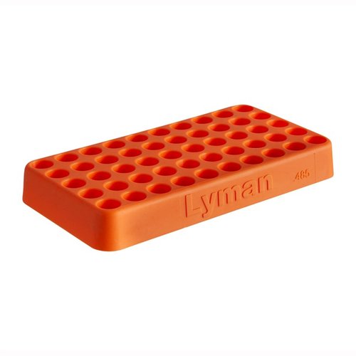 Lyman Custom-Fit Loading Block holds 50 rounds, made from durable polymer, available in sizes from .338 to .615 caliber for versatile cartridge storage.