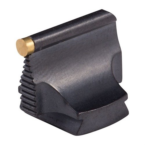 Precision-made steel front sight for rifles, featuring a contoured design and polished blue finish, ideal for enhanced accuracy and aesthetic appeal.
