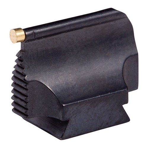 Precision-made steel front sight with a polished blue finish, designed for ramp-mounted rifles, offering a sleek contour and a .340" wide base.