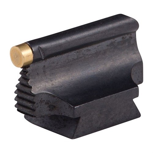 Precision-made ramp mounted front sight with a polished steel finish, featuring a contoured blade and options for gold or white polymer beads.