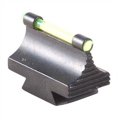 Precision-made steel sights with a polished blue finish, featuring a glow optic rod in green for enhanced visibility. Ideal for ramp-mounted applications.