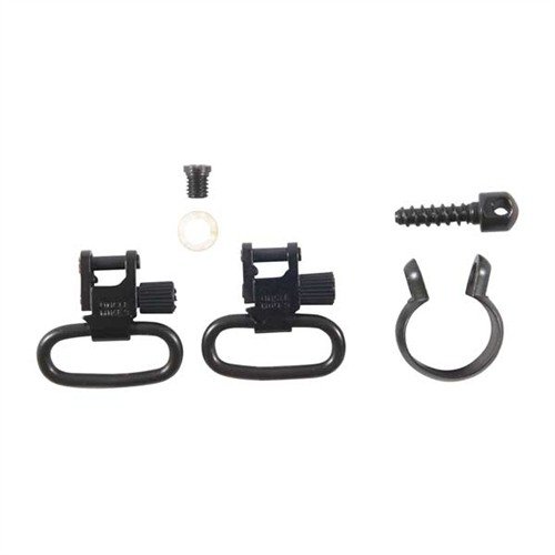 QUICK DETACH SWIVELS offer split band clamps for easy attachment, fitting various Marlin lever actions and shotguns, with 1" Super Swivels included.