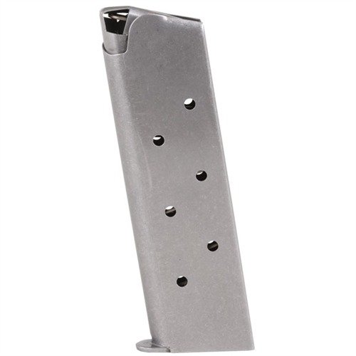 Robust U.S.-made 1911 .45 ACP magazines in blued carbon or stainless steel, featuring reliable last-round feeding and optional increased capacity with safety orange follower.