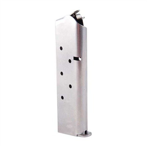 Robust U.S. made 1911 .45 ACP magazines in blued carbon or stainless steel, featuring reliable feeding, flat/round followers, and optional additional round capacity.