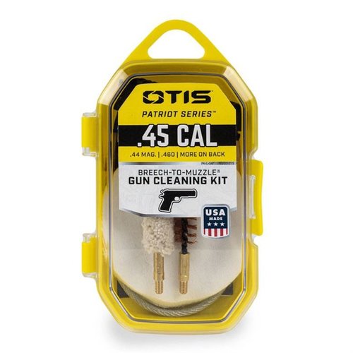 Otis PATRIOT Series Pistol Kit offers essential Breech-to-Muzzle® cleaning tools, including bore brushes, 100% cotton patches, and a reusable hard case.