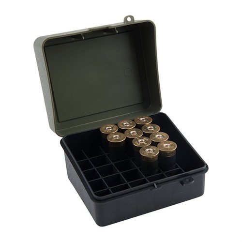 Durable SHOTGUN SHELL CASE holds up to 25 rounds of 12 or 16 gauge shells, featuring an easy access flip top for quick retrieval and accommodating 3.5" shells.