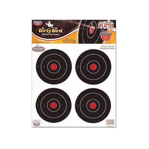 DIRTY BIRD 5.5" TARGETS offer high visibility with white splatter on impact, are cost-effective, and suitable for both indoor and outdoor long-range shooting.