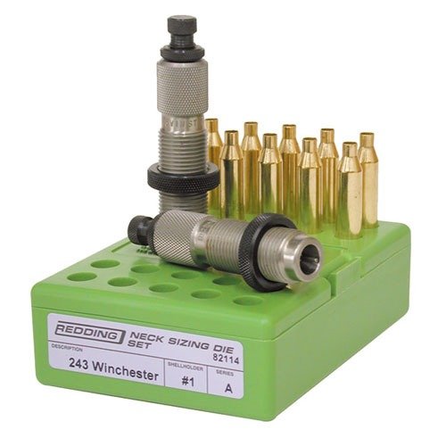 Redding Neck Sizing Die Set 308 Win includes two dies for precise neck sizing and bullet seating, featuring a decapping rod, neck expander, and built-in crimp ring.