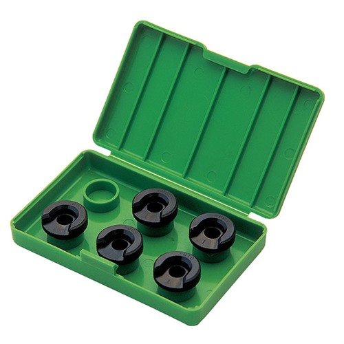 Redding's 5-piece Competition Shellholder Set allows precise headspace adjustments with thicknesses from +.002" to +.010", all marked and stored in a compact box.