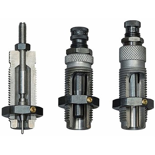 RCBS 3-Die Carbide Taper Crimp Set for 9mm Luger offers a sizer die that requires no lubrication, plus expander and seater dies for efficient reloading.