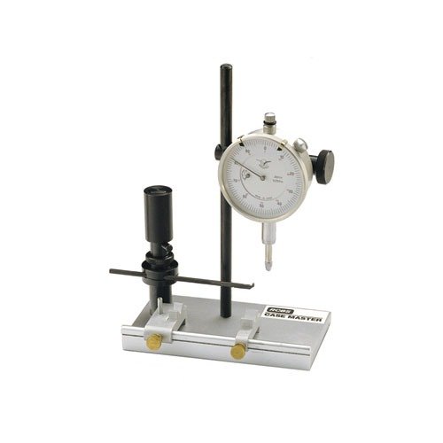 CaseMaster gauging tool measures case neck concentricity, wall thickness, and length, detecting issues before they become visible, with a compact design for easy bench use.