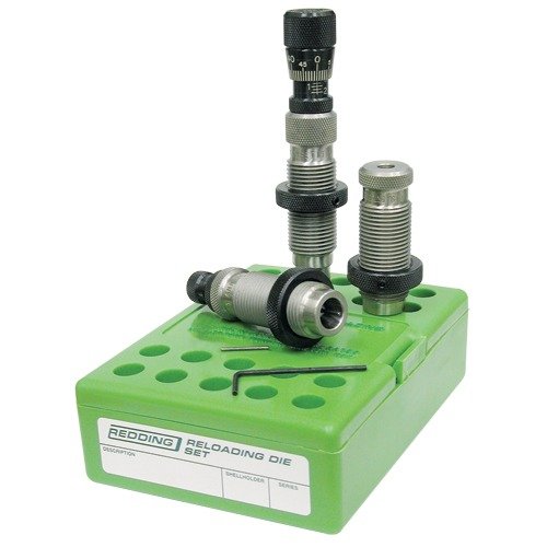Redding National Match Die Set offers Full Length Sizing Die, Taper Crimp Die, and Competition Bullet Seater for precise performance in match and military shooting.