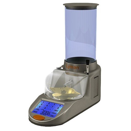 Lyman Gen6 Compact Powder System offers touch-screen controls, 50% less bench space, auto repeat for precise charges, and dispenses 2 grains/sec with 1/10 grain accuracy.