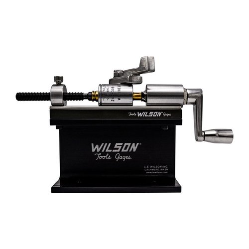 Wilson Case Trimmer Kit efficiently trims .17 - .45 caliber cases with a durable stainless/TiN finish, adjustable stop screw, and includes stand and clamp.