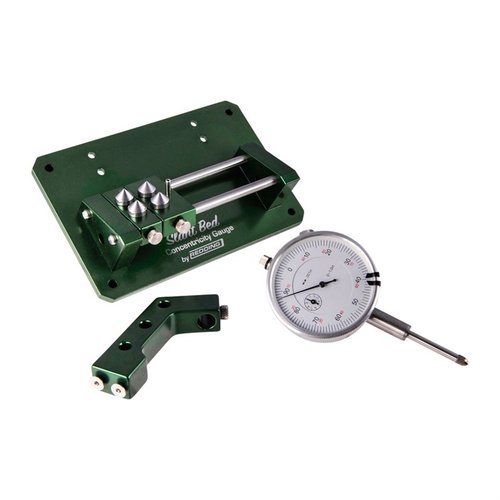 Ergonomic SLANT BED CONCENTRICITY GAUGE ensures precise readings, easy case rotation, and accepts cartridges from 17 Hornet to 408 CheyTac, ready to use.
