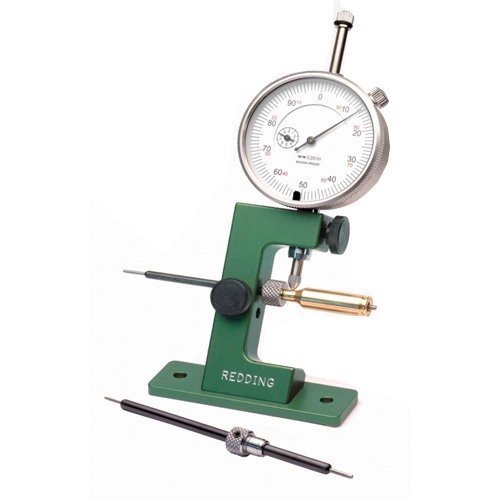 Redding Case Neck Gauge ensures precise case neck uniformity with a .001" dial indicator, includes multiple mandrels and CNC machined pilot stops for accuracy.