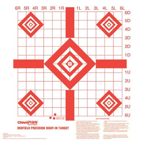 REDFIELD SIGHT-IN TARGETS offer bold lines for precise crosshair alignment, a 1" grid for easy windage and elevation adjustments, and bright orange visibility.
