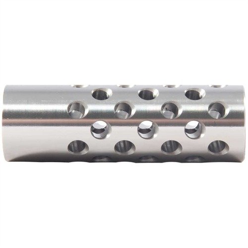 Multi-port muzzle brake for .22 caliber reduces recoil and muzzle rise with 42 ports for optimal control; requires gunsmithing for installation.