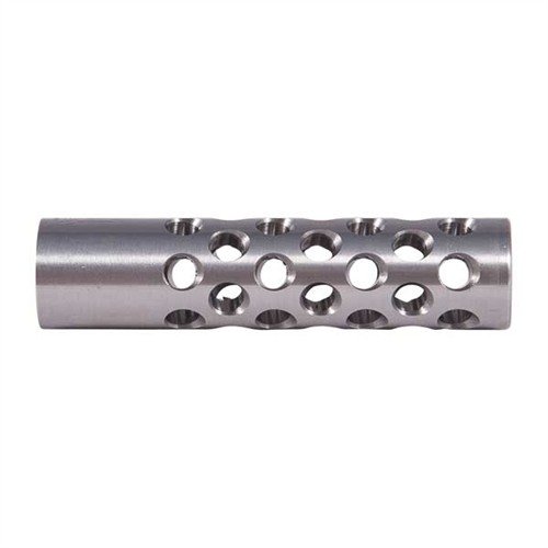 Multi-port muzzle brake reduces recoil and muzzle rise with 42 ports for optimal control; fits .22 caliber and can be customized for larger bullets.